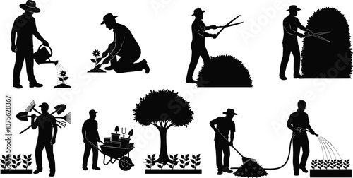 Gardeners watering plants, planting flowers, trimming bushes, carrying tools, pushing wheelbarrow, outdoor gardening activities, flat vector illustration