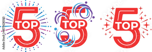 Set of Top Five Red Number Icons with Creative Firework and Sparkle Design Elements Isolated on White Background for Rankings