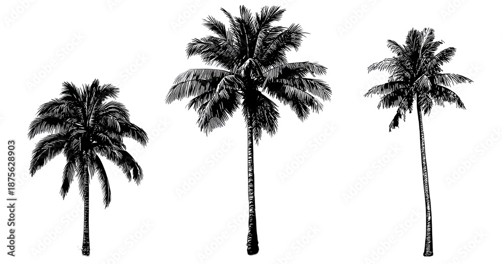 Obraz premium Three stylized, dark-colored palm trees silhouetted against a stark, black background