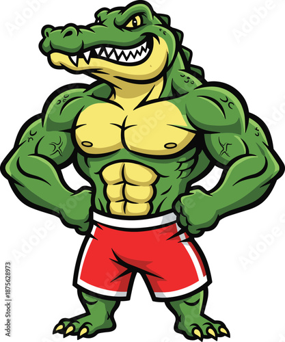 Cartoon muscular alligator, strong reptile mascot, athletic gator character, fitness animal illustration, confident pose, sports branding, gym logo concept