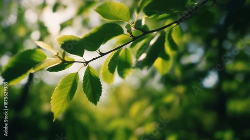 Close-up of green tree branch moving gently in the wind with sunlight filtering through leaves, 4K.