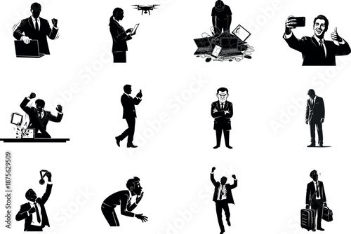 Businessmen in various poses and emotions in black and white