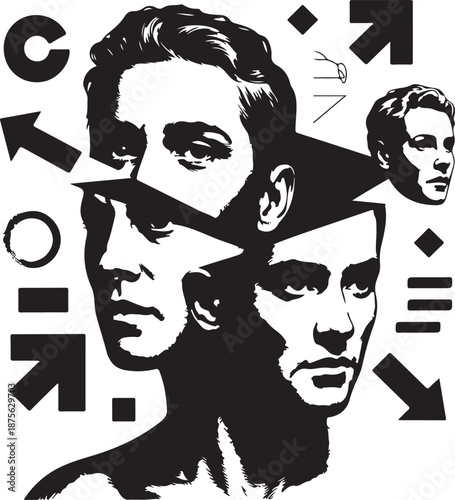 Man with multiple faces and geometric shapes