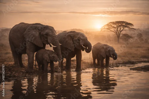 Fototapeta Rodzina słoni afrykańskich pijących wodę o zachodzie słońca na sawannie