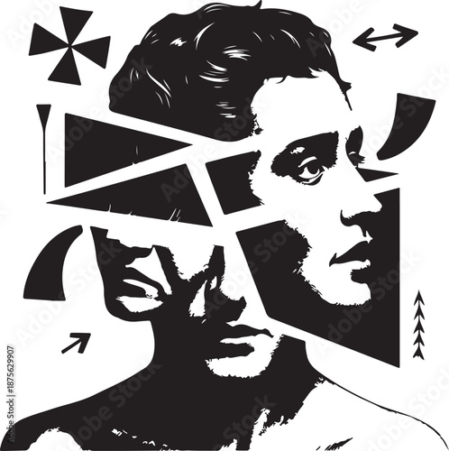 Man with fragmented face and geometric shapes