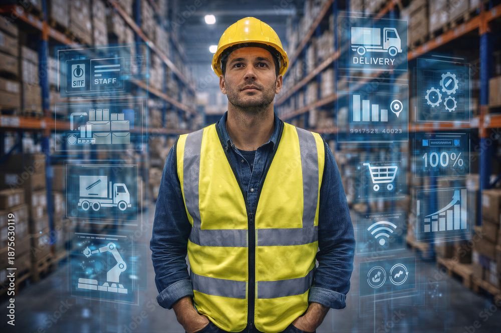 Fototapeta premium Pracownik magazynu z kamizelką odblaskową w centrum logistycznym z cyfrową analizą danych