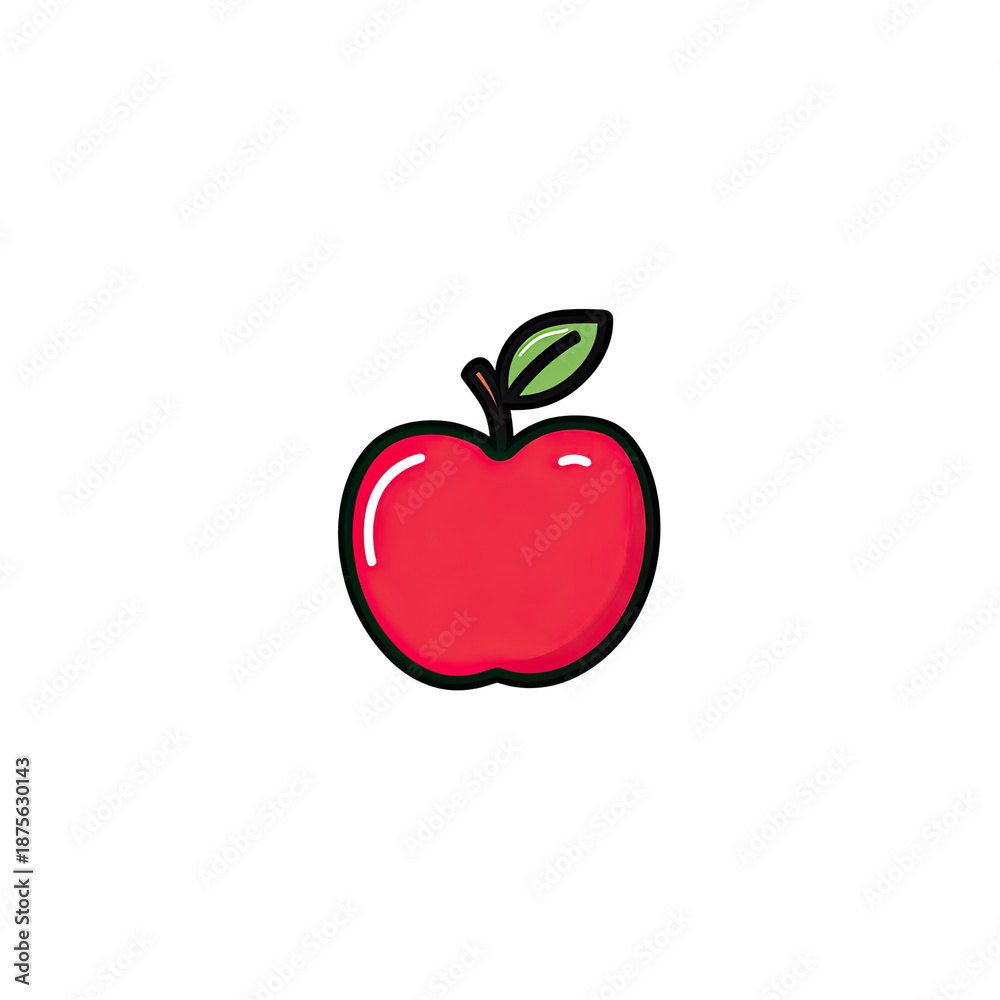 Fototapeta premium A vibrant, cartoonish red fruit with green leaf against a pure black background