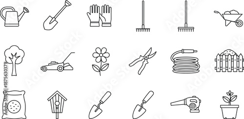 Essential gardening tools outline vector icons set. Features shovels, rakes, watering cans, and plant care items for horticulture and yard work design