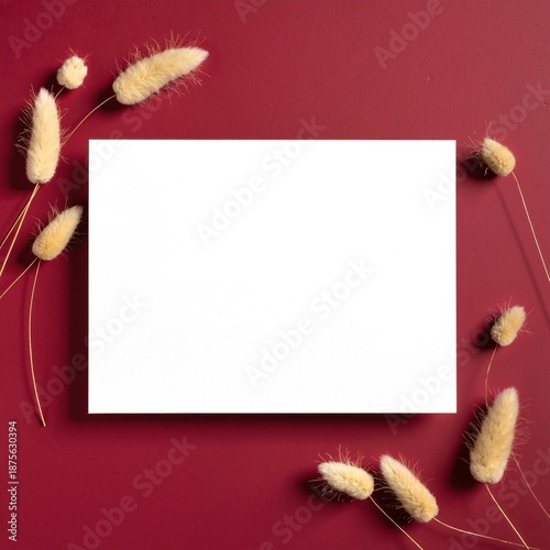 A pristine sheet of blank paper rests atop a vibrant red background, adorned with scattered dry grass blades, creating a striking contrast and natural texture.