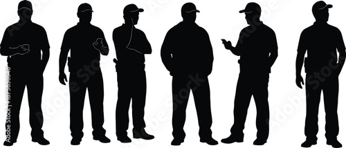 Delivery man silhouette collection, courier standing poses, logistics worker characters, service uniform people set, isolated black illustration