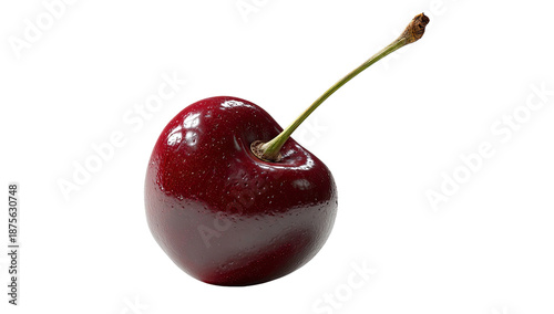 Close-up of a single ripe, dark red fruit with a green stem against a black background