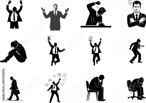 Businessmen in various poses and emotions in black and white