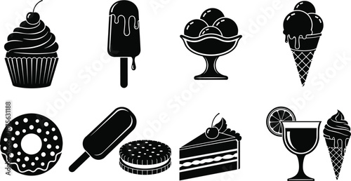 Dessert and ice cream silhouettes set, sweet bakery treats, cupcakes donuts popsicles cones, black food vector icons