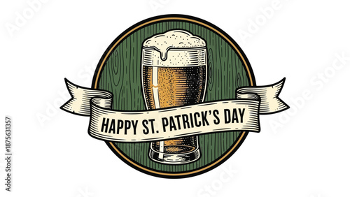 St patrick's day beer glass icon with happy banner and green background