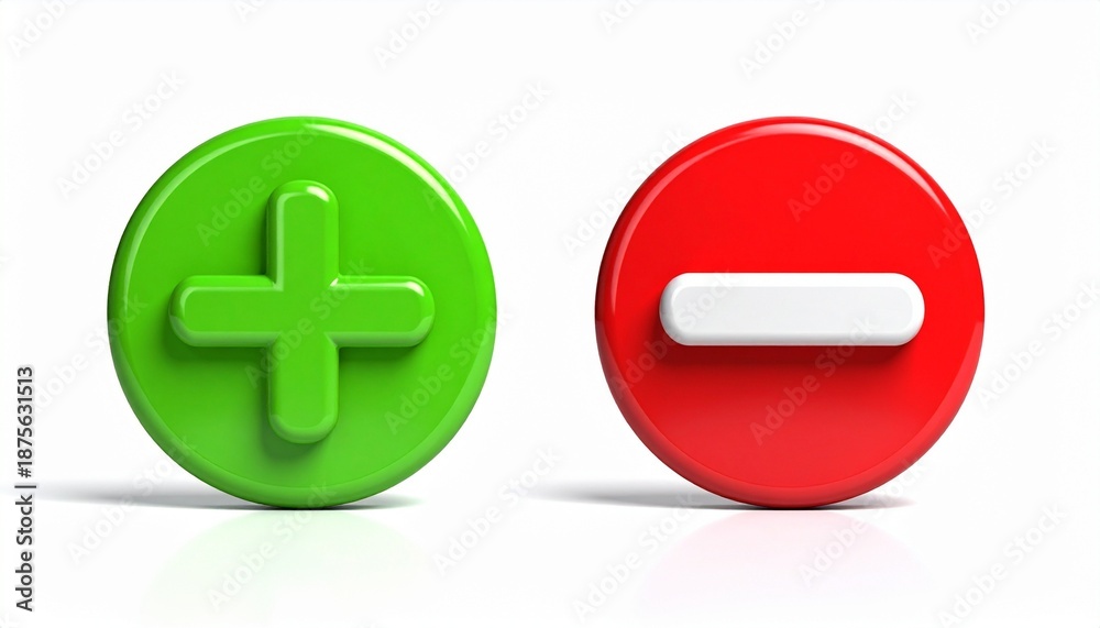 Fototapeta premium Green Plus and Red Minus Buttons for UI Design, Math Concepts, and Decision-Making Visual Concepts