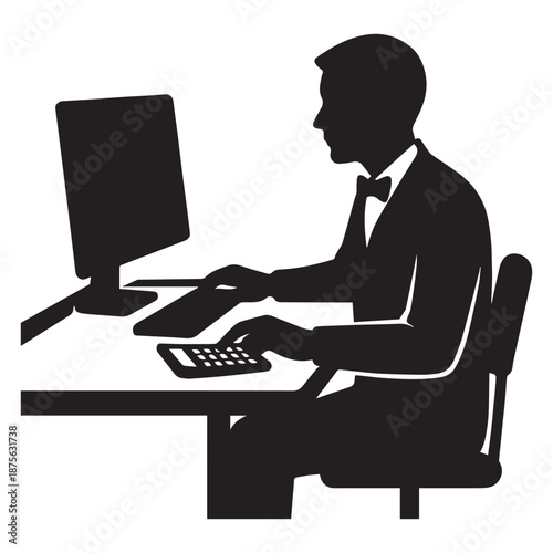 Businessman diligently working on computer at desk, silhouette