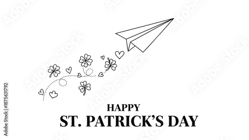 St patrick's day greeting with paper airplane and shamrocks floating hearts