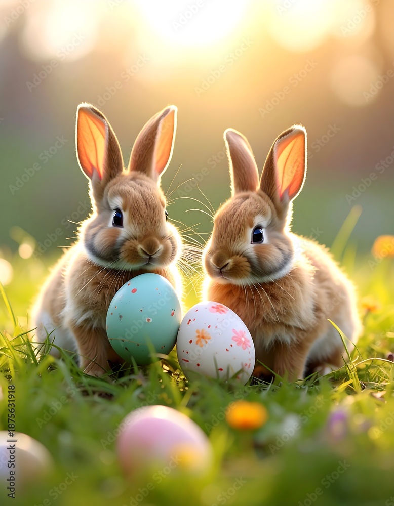 Fototapeta premium Two Adorable Bunnies with Easter Eggs in a Sunny Meadow.