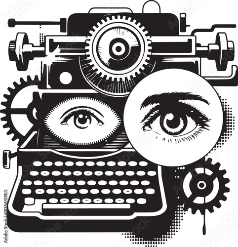 Creative writer at work with typewriter and eyes