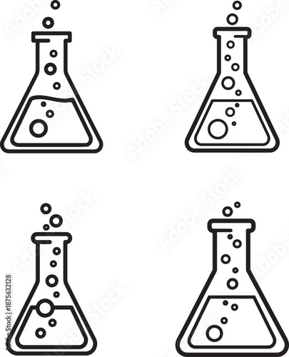 Four erlenmeyer flasks with bubbles in a laboratory setting