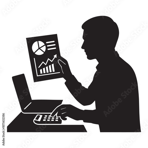 Silhouette of a man analyzing financial data with a laptop and calculator