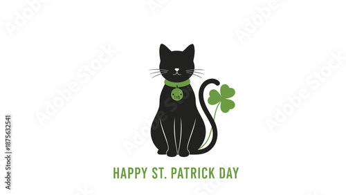 Black cat with green collar and shamrock celebrating st patrick's day on white background