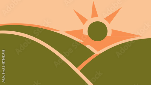 Stylized Hills Landscape with Rising Sun Graphic Illustration.