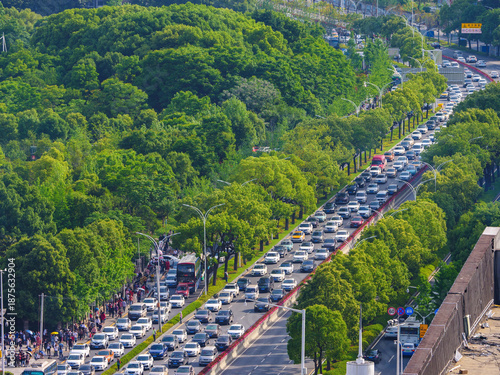 Fotografía Heavy Traffic Congestion on Tree-Lined Avenue in Wuhan, May Expo Holiday
