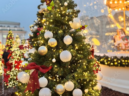  New Year's trees decorated with colorful bright red and white balls, red bows and garlands