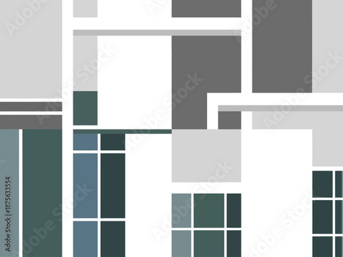 Modern architectural structure with geometric shapes and lines viewed from a straightforward perspective, showcasing complexity and abstraction in a graphic illustration.