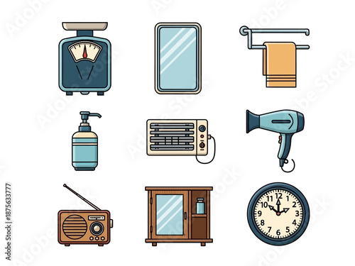 Colorful Flat Design Vector Illustration of Essential Household Items and Appliances.