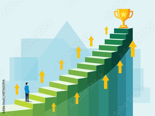 A person ascending a staircase with rising arrows towards a trophy, symbolizing success and achievement