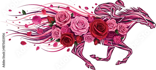 Vibrant pink horse racing with roses and jockey