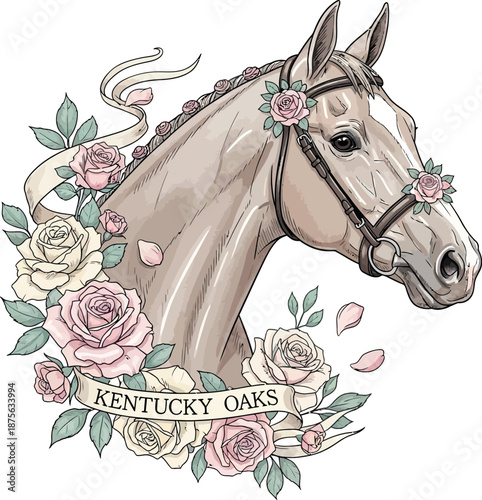 Beautiful horse head with roses and Kentucky Oaks banner