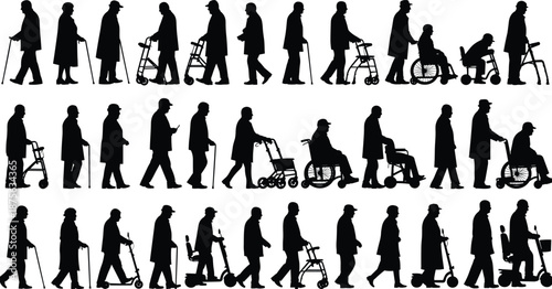 Elderly people silhouettes collection, senior walking aids wheelchair poses, aging lifestyle mobility stages, healthcare assistance, black illustration set