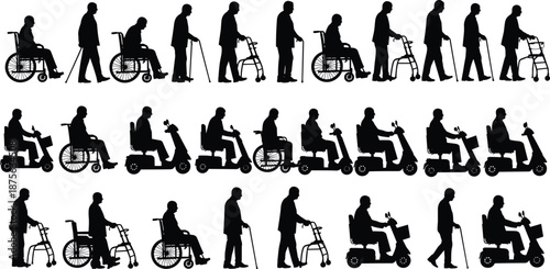 Elderly people silhouettes using wheelchair walker cane and mobility scooter, senior healthcare aging assistance isolated on white
