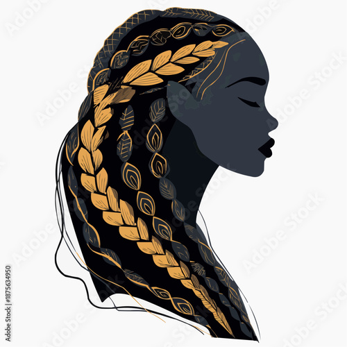 Flat illustration of a black woman's head in profile with long braided hair, suitable for beauty blogs or fashion designs.