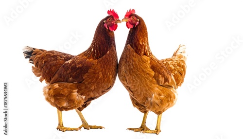 Two brown chickens stand facing each other on a white backdrop. They have red combs and waddles. Feathers are detailed