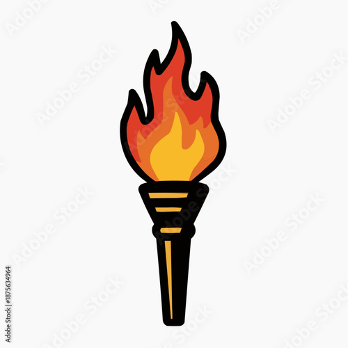 Minimalist cartoon illustration of a flaming torch. Bold outlined graphic in red, orange, and yellow on a split black and white background. Symbol of competition, hope, and success. Copy space
