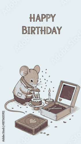 Charming illustration of a little mouse preparing a delightful cake in a festive Birthday Frame celebrating a special occasion