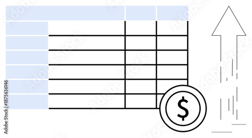Financial analysis, business planning, economic growth, budgeting, investment tracking, profit forecasting. Data table, dollar icon upward arrow signifying growth. Financial analysis and economic