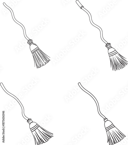 Four line art illustrations of witch broomsticks