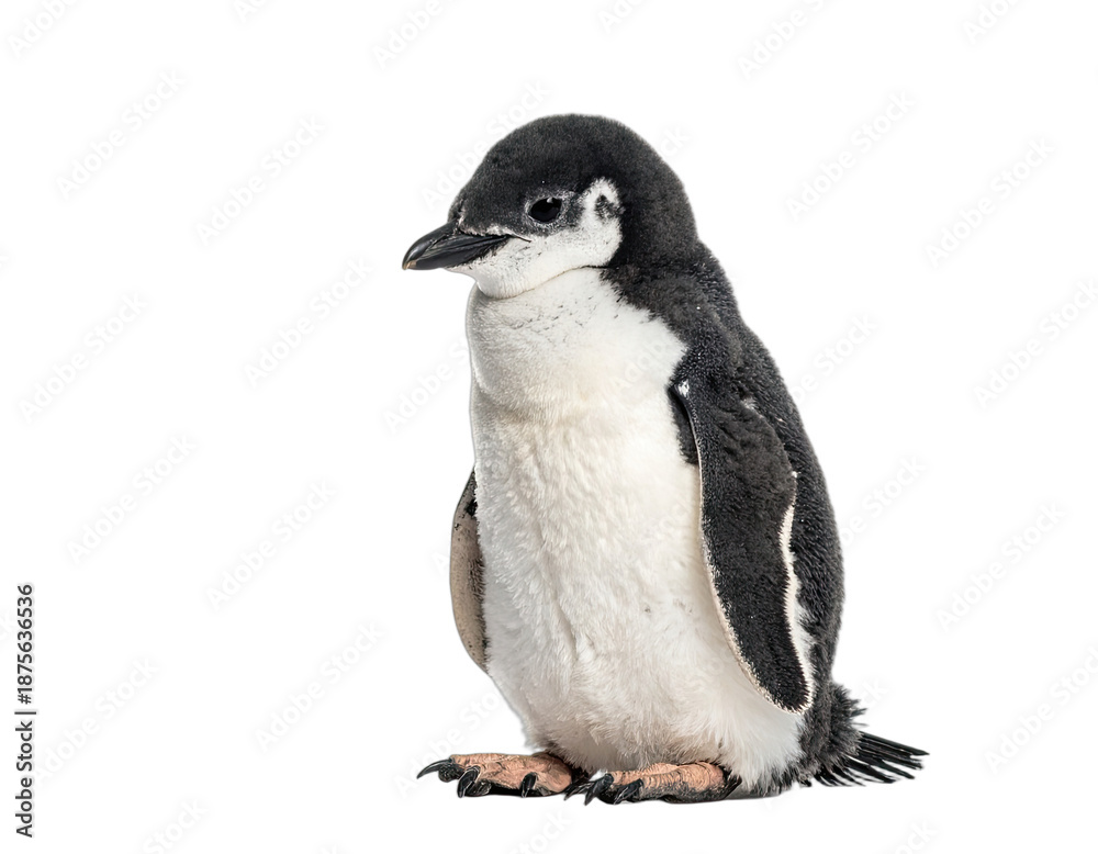 Obraz premium A fluffy young penguin stands isolated against a stark black background.