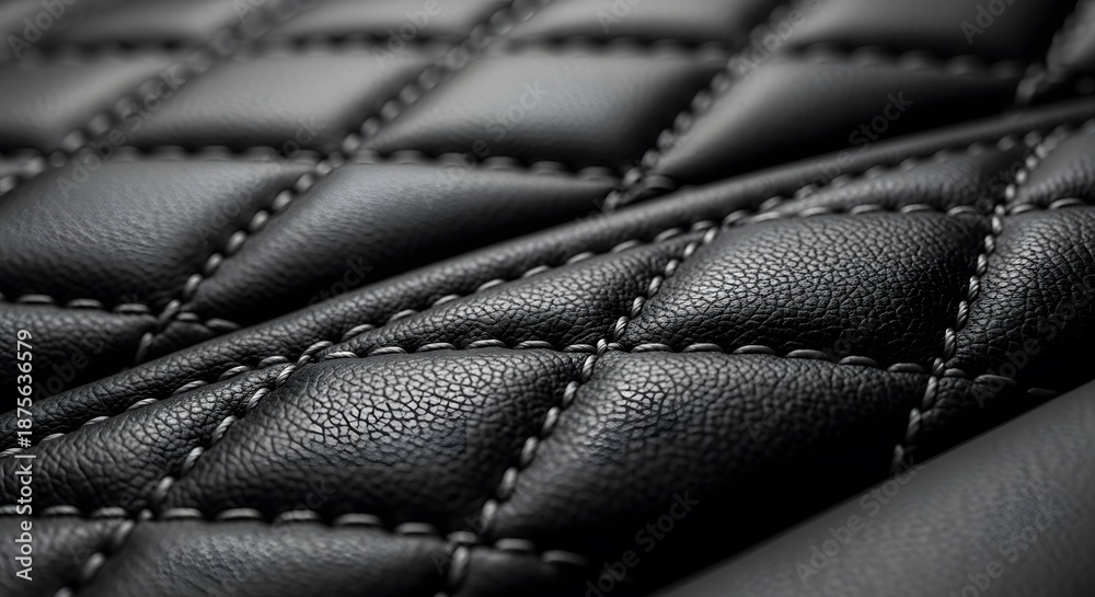 Fototapeta premium Macro shot of premium black leather upholstery featuring a sophisticated quilted diamond pattern and detailed white stitching for luxury interiors.