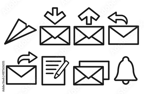 送受信や返信を表すメール線画アイコンセット