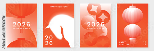 Happy Chinese New Year 2026 Year of the Horse greeting card vector set with gradient red lanterns and zodiac horse illustration. Modern festive design for posters and invitations.