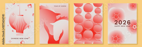 Happy Chinese New Year 2026 Year of the Horse greeting card vector set with gradient red lanterns and zodiac horse illustration. Modern festive design for posters and invitations.