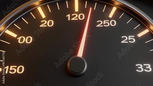 Macro shot of orange speedometer needle moving across scale