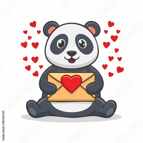 Panda Holding a Love Letter: A cheerful panda, seated with a heartwarming smile, clutching a love letter, its essence encapsulated by a bright red heart, amidst a flutter of floating hearts.