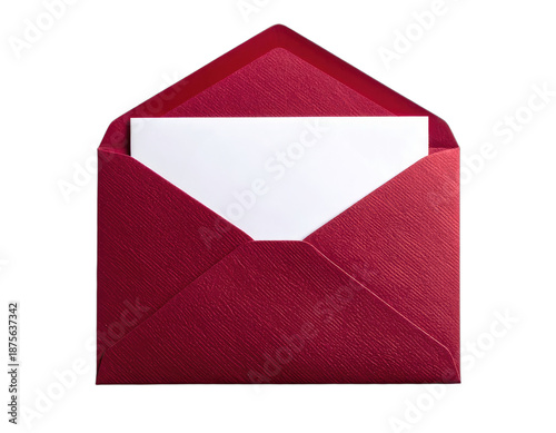 A textured deep red open envelope revealing a blank white card against a black background.